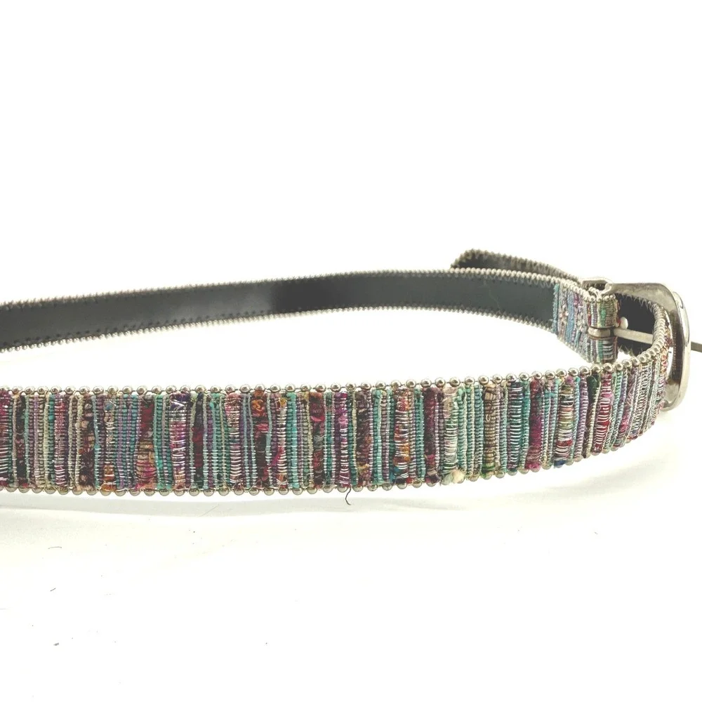 Elite Belt Women ML Multicolor Woven Metallic Beaded Silver Buckle Boho 1072